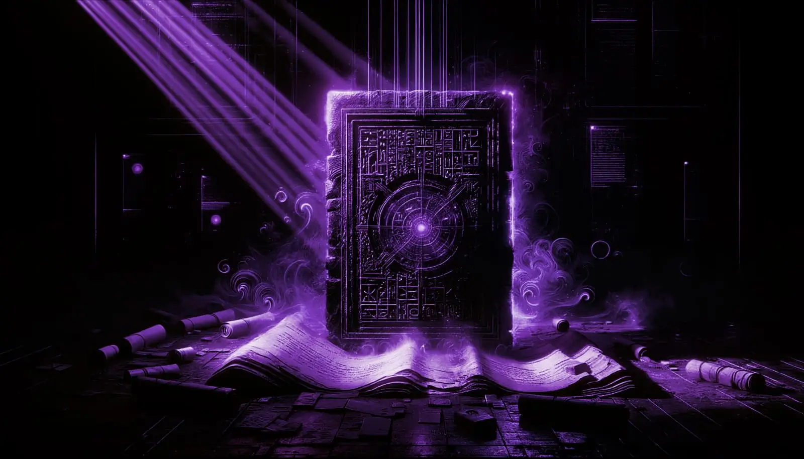 ancient mystical tablet with glowing glyphs surrounded by mists and scrolls, illustrating the world most oldest language