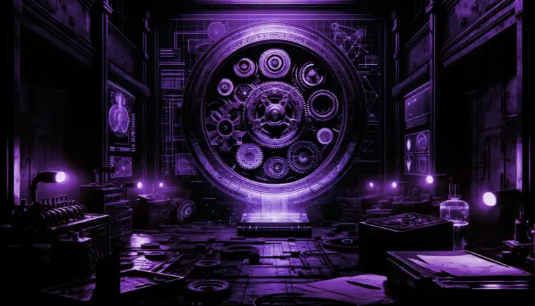 ancient gear system glowing blue in dim lab with retro-futuristic screens and neon accents, hinting at antikythera mechanism purpose