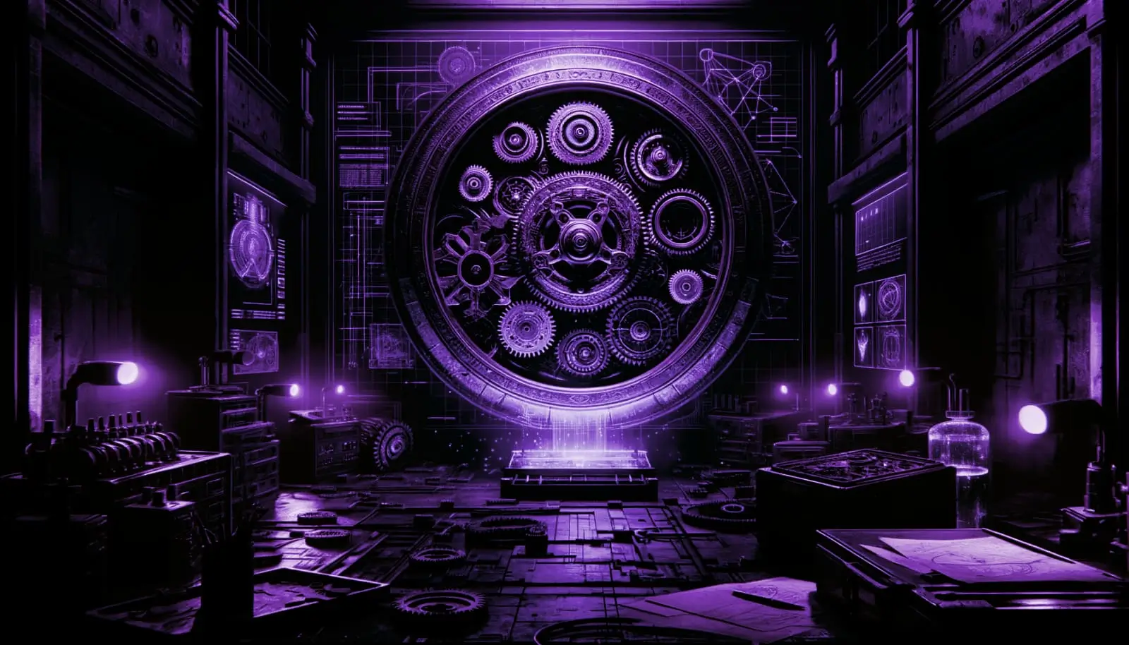 ancient gear system glowing blue in dim lab with retro-futuristic screens and neon accents, hinting at antikythera mechanism purpose