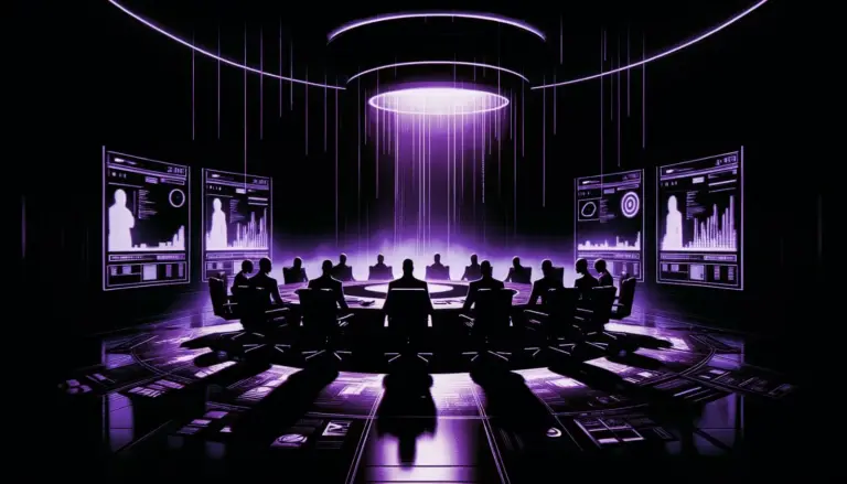 shadowy conference room with oval table, silhouettes, and neon green nameplates, echoing bilderberg group secrecy