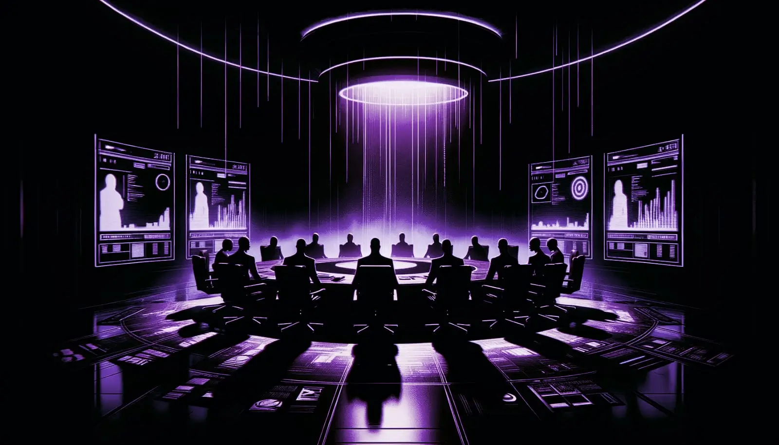 shadowy conference room with oval table, silhouettes, and neon green nameplates, echoing bilderberg group secrecy