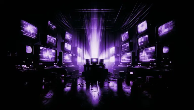 flickering monitors with glitch effects and neon green accents in a dark room suggesting human head transplant themes