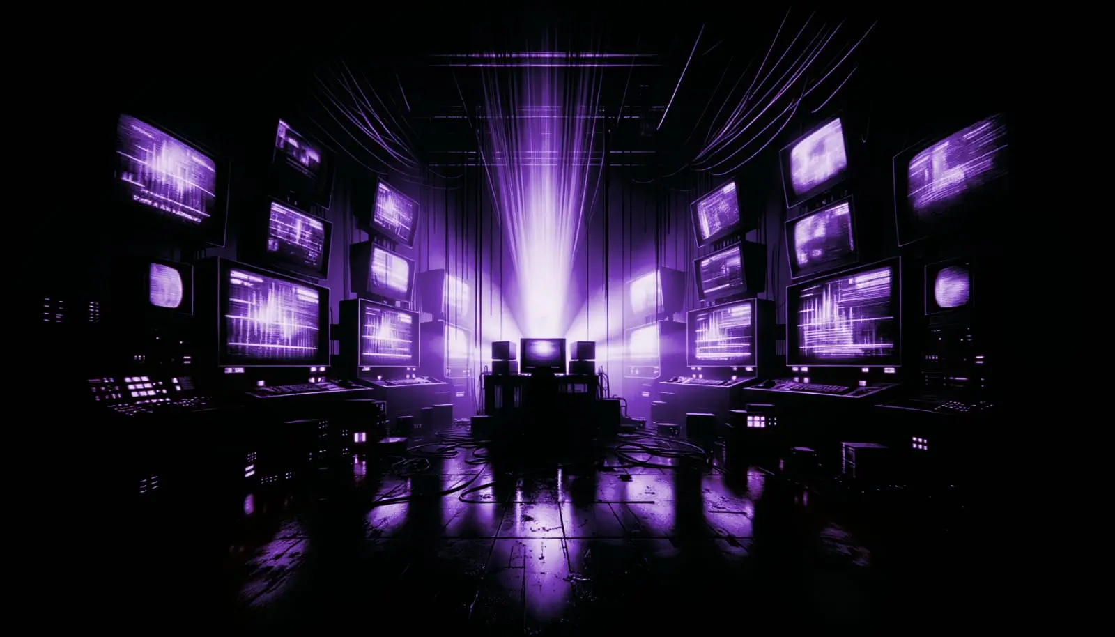 flickering monitors with glitch effects and neon green accents in a dark room suggesting human head transplant themes