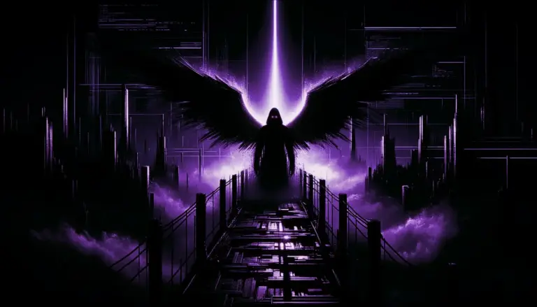 shadowy winged figure with glowing red eyes on a decrepit bridge in foggy light, evoking mothman sightings
