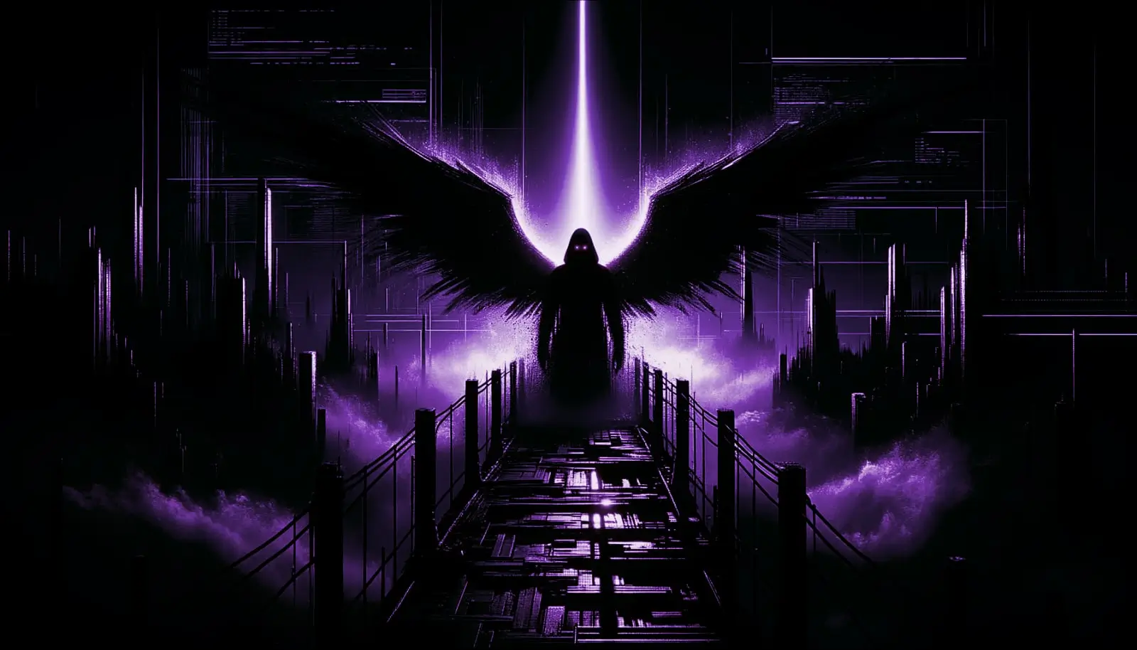 shadowy winged figure with glowing red eyes on a decrepit bridge in foggy light, evoking mothman sightings