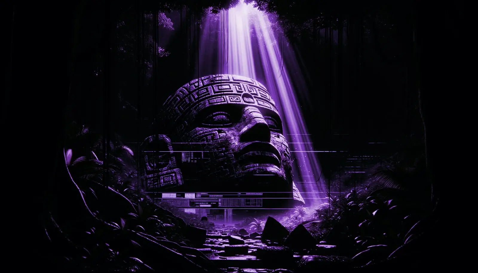 olmec colossal head half-buried in jungle with neon green accents and glitch effects, illuminated by moonlight shaft