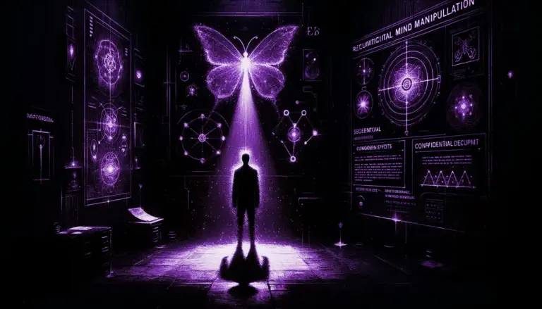 shadowy figure in dim room with retro-futuristic screens and butterfly symbol, embodying project monarch programming theme