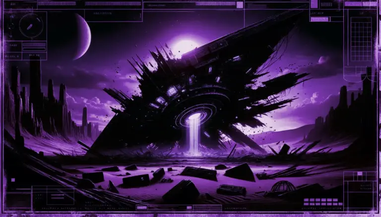 crashed alien spacecraft in a desert, glowing green light, related to roswell incident truth, with retro-futuristic details