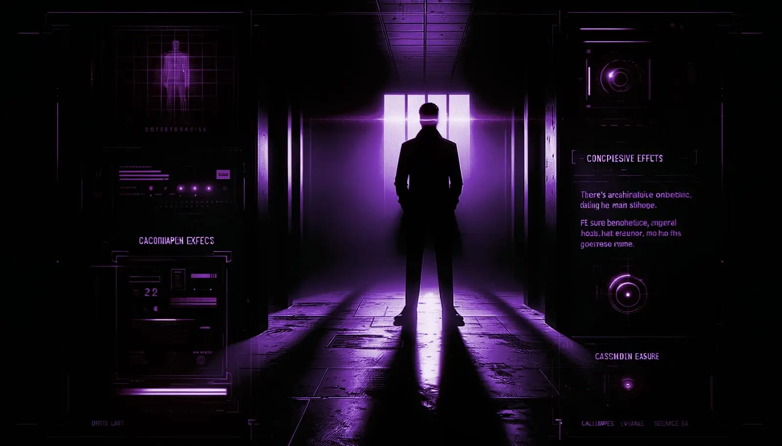 shadowy figure with neon red eyes in a misty abandoned room, evoking shadow people encounters in a retro sci-fi style