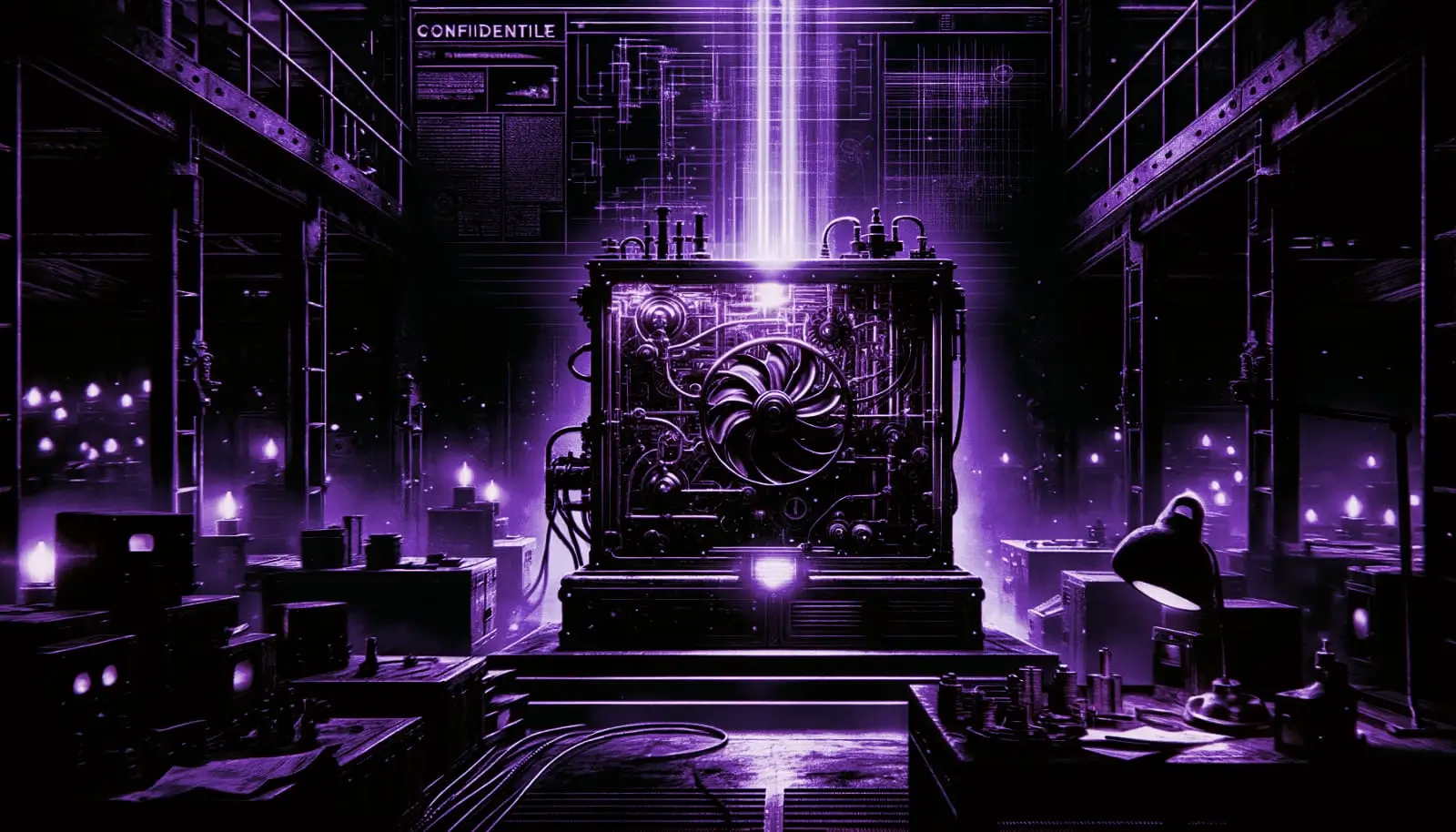 shadowy underground lab with glowing device, dusty blueprints, and retro-futuristic screens showcasing suppressed inventions