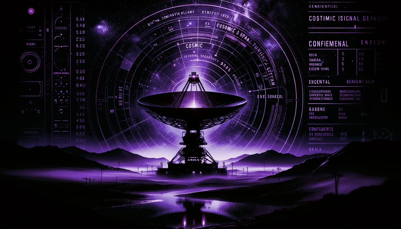 vintage radio telescope with green neon glow under starry sky, suggesting alien encounters in a foggy, desolate landscape