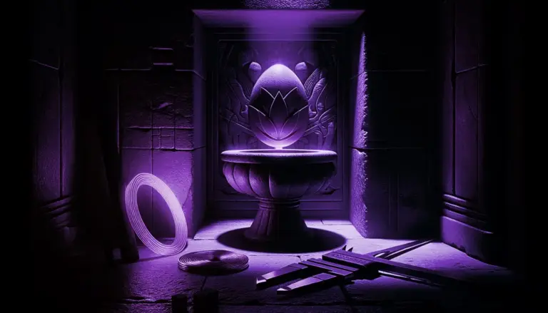 Glowing oval on a lotus pedestal in a stone alcove, with coiled wire and calipers beside it—ancient egypt electricity.