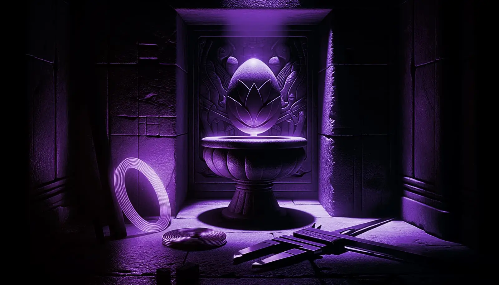 Glowing oval on a lotus pedestal in a stone alcove, with coiled wire and calipers beside it—ancient egypt electricity.