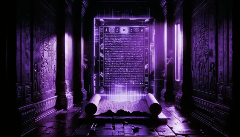 ancient scroll on a dusty altar with glowing hieroglyphs revealing ancient egyptian secrets in a dimly lit chamber