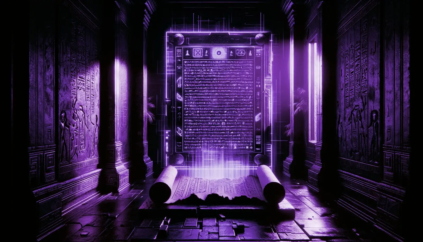 ancient scroll on a dusty altar with glowing hieroglyphs revealing ancient egyptian secrets in a dimly lit chamber