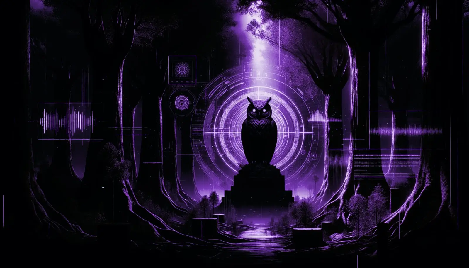 shadowy woodland clearing with stone owl statue and mist, featuring glitch effects and neon green accents, bohemian grove secrets