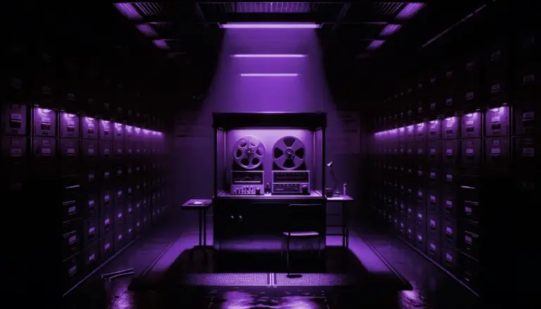 Purple-lit archive room with filing cabinets; reel-to-reel recorder on steel desk and empty chair, brainwashing experiments.