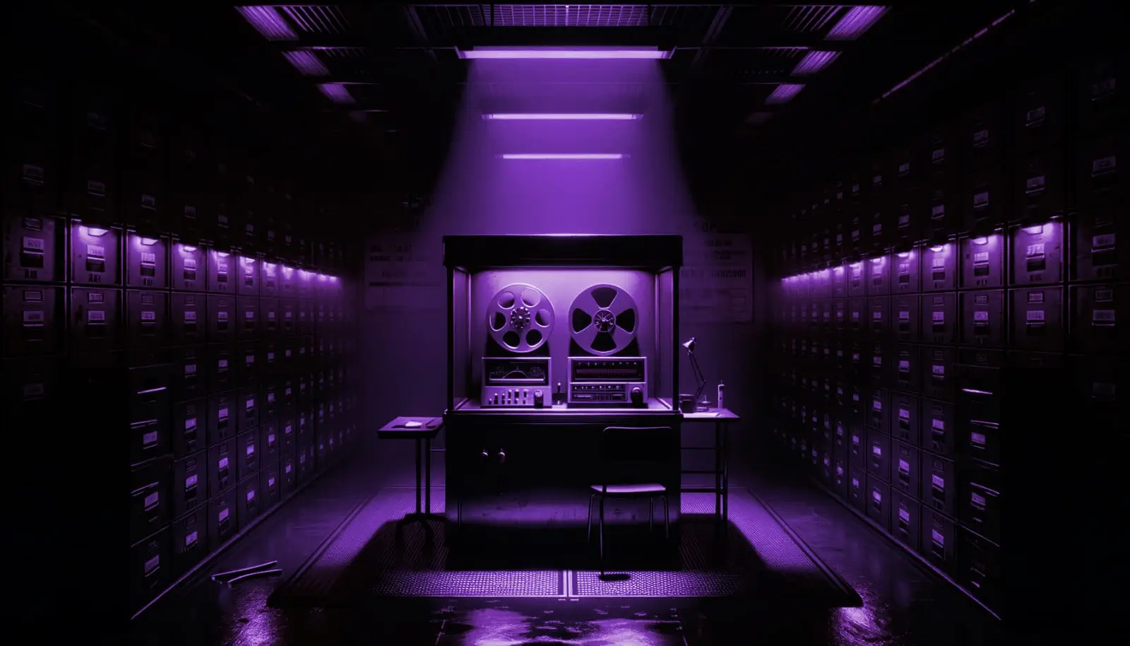 Purple-lit archive room with filing cabinets; reel-to-reel recorder on steel desk and empty chair, brainwashing experiments.