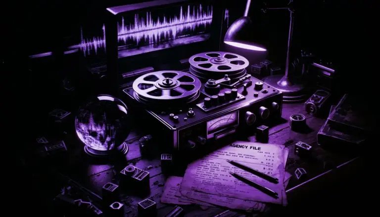 old reel-to-reel tape recorder on wooden desk with agency files and crystal ball suggesting clairvoyance evidence