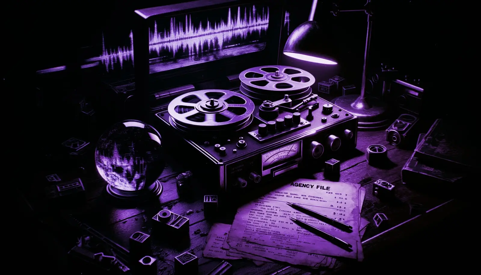 old reel-to-reel tape recorder on wooden desk with agency files and crystal ball suggesting clairvoyance evidence