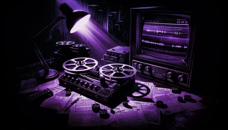 old reel-to-reel tape recorder on dusty table with agency files and glowing monitor, evoking demonic possession cases