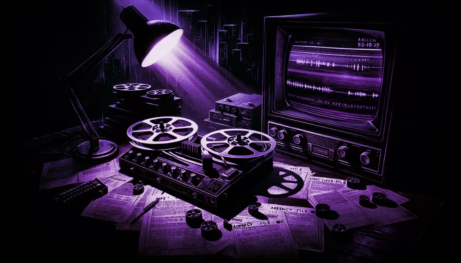 old reel-to-reel tape recorder on dusty table with agency files and glowing monitor, evoking demonic possession cases