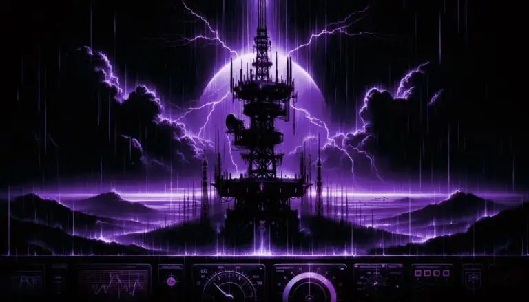 a lone radio tower in a storm with neon blue accents and glitch effects, symbolizing the gulf of tonkin incident deception