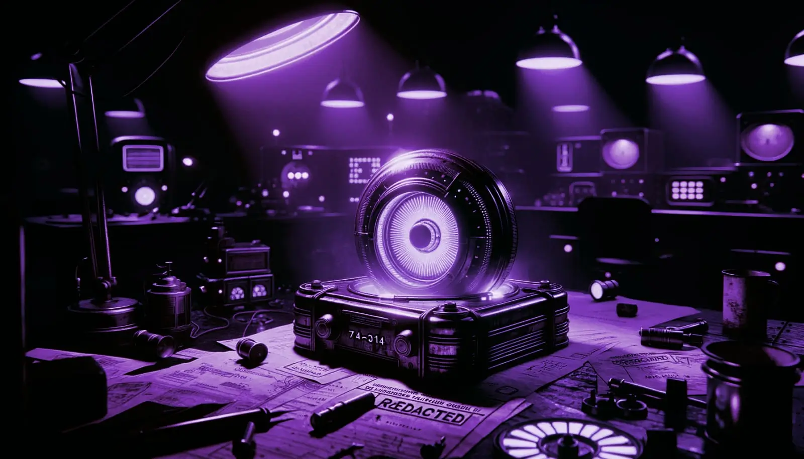retro-futuristic energy device glowing in a dim lab with classified overlays and analog screens, symbolizing hidden energy technology