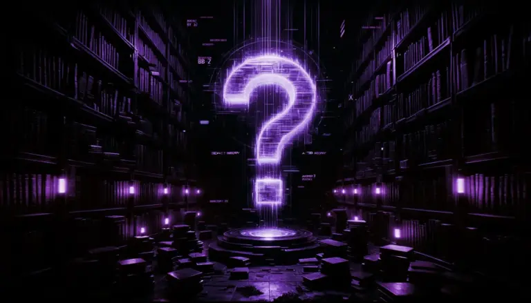 old library with towering bookshelves and neon blue question mark light, evoking mandela effect examples and mystery