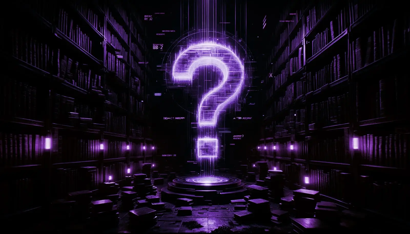 old library with towering bookshelves and neon blue question mark light, evoking mandela effect examples and mystery