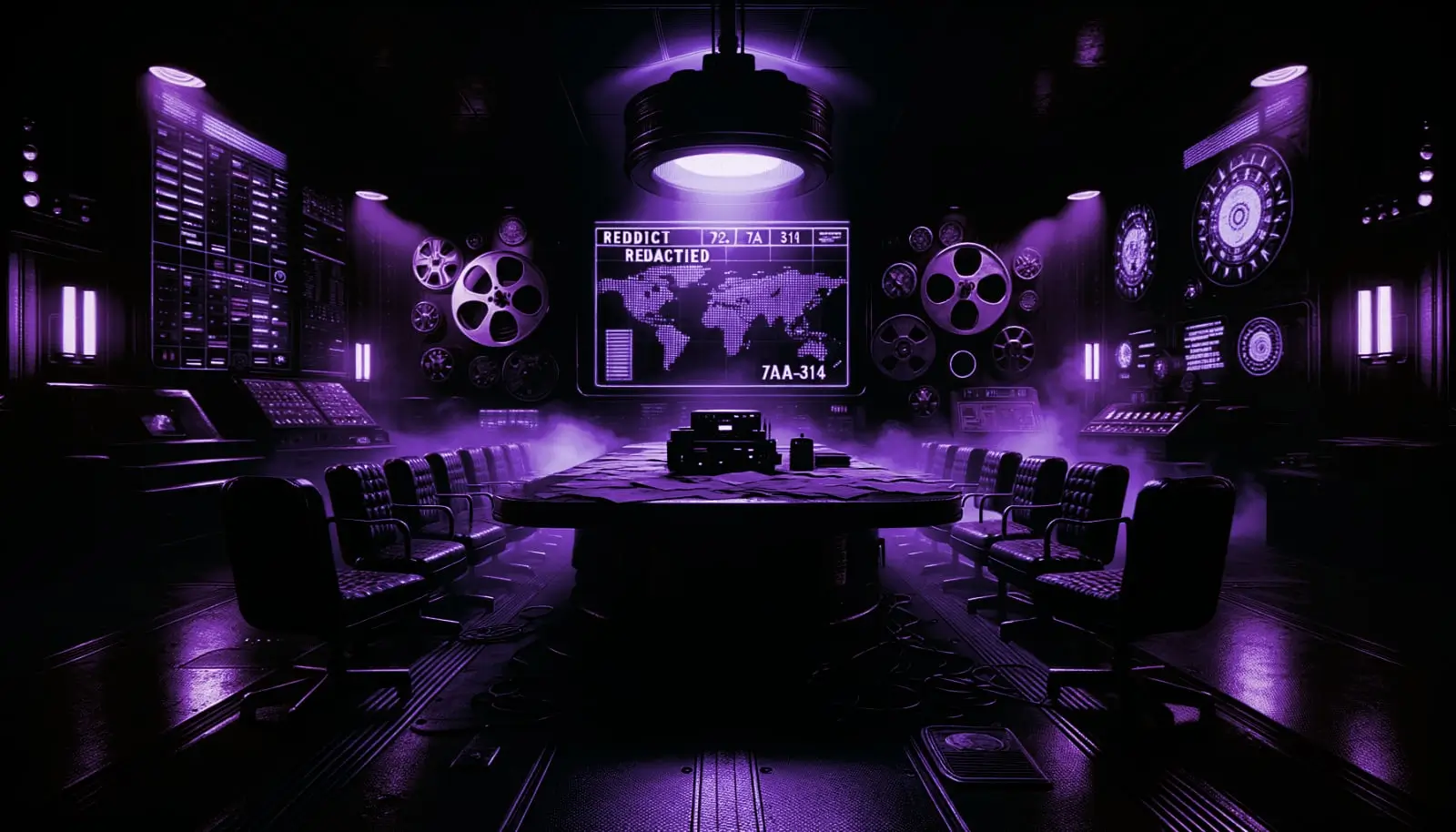 dimly lit military briefing room with maps labeled "REDACTED 7A-314" and retro-futuristic elements for operation northwoods
