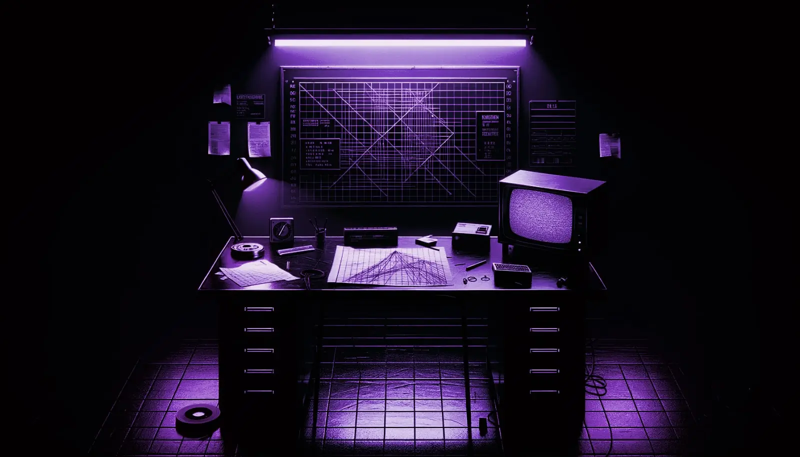 Remote viewing analysis desk with static CRT, gridded charts, tape reel, stopwatch, and lamp under purple fluorescent light.