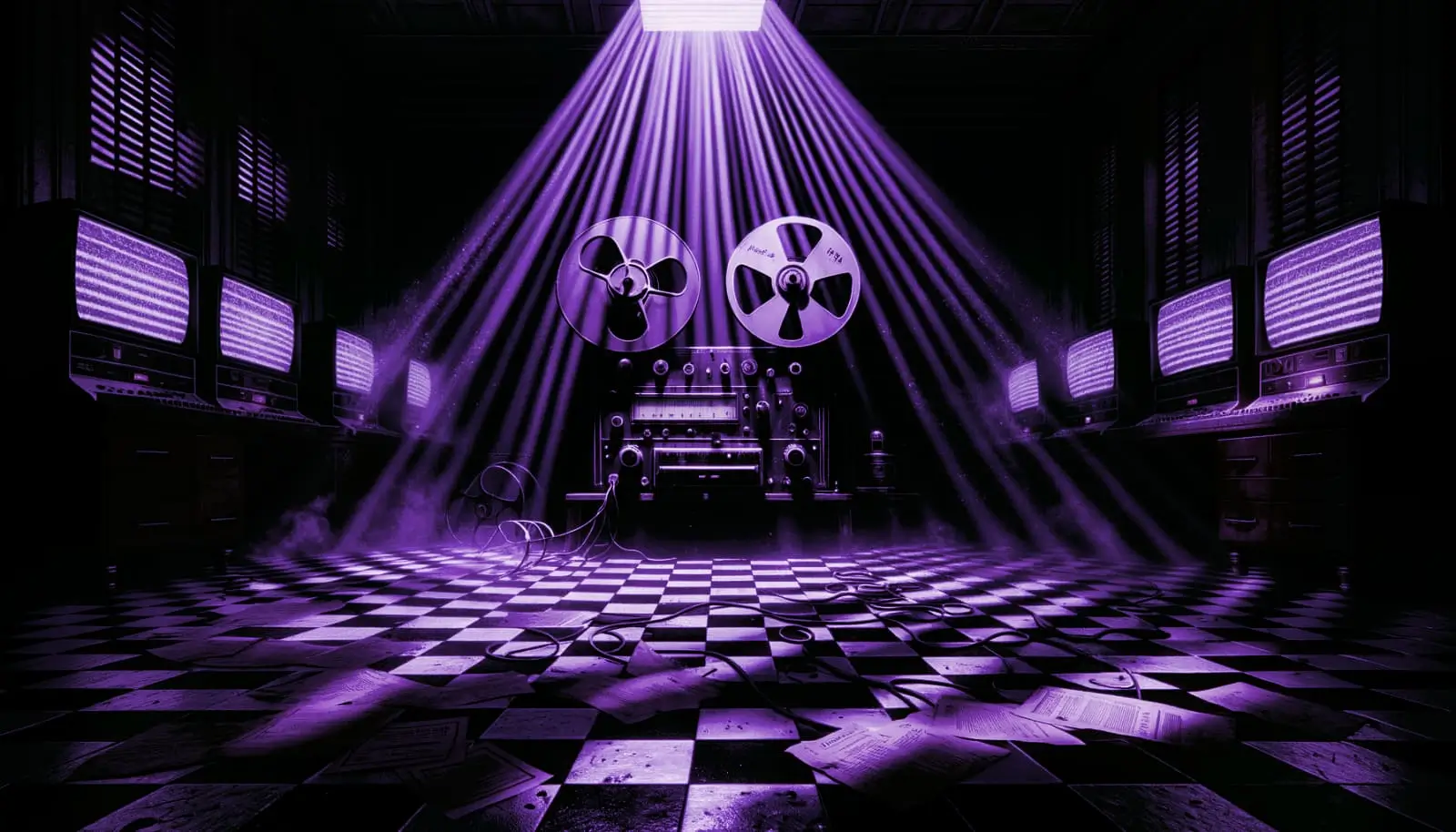 empty laboratory with a dusty reel-to-reel tape recorder glowing green, hinting at unethical human experiments