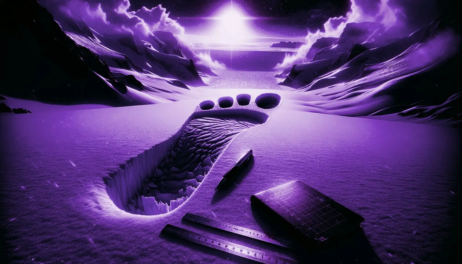A single oversized footprint in glacial snow with rulers and a field notebook for scale—yeti evidence documented.