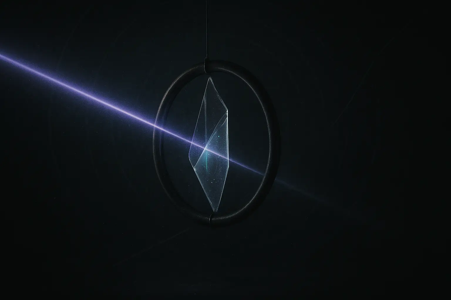 3I/ATLAS anomalies visual: a violet beam crosses a glass shard suspended within a metal ring against a dark background