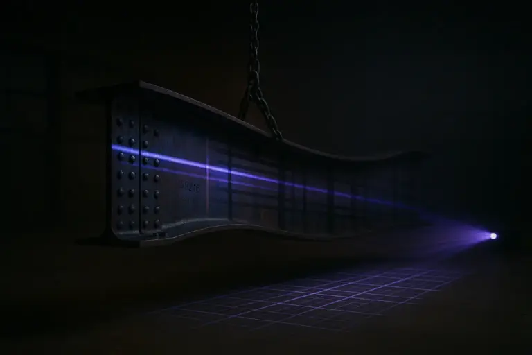 Heat-blued steel girder suspended in a hangar as a projector casts a violet beam, gridlines, linked to 9/11 false flag theory.