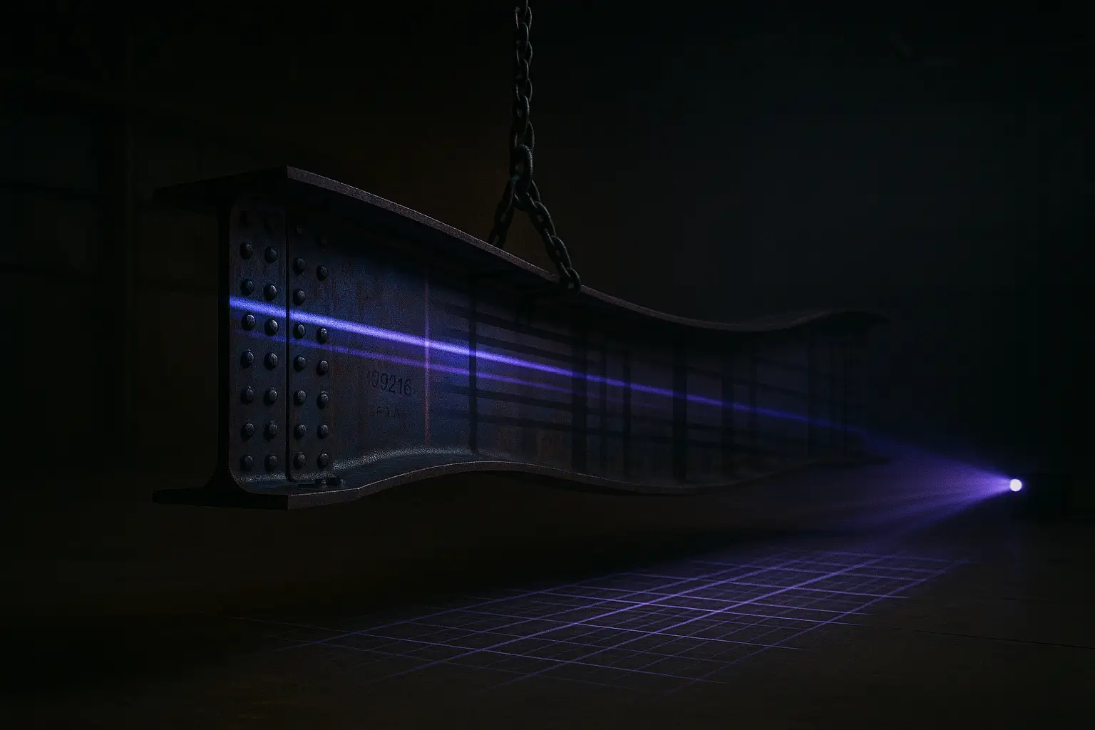 Heat-blued steel girder suspended in a hangar as a projector casts a violet beam, gridlines, linked to 9/11 false flag theory.