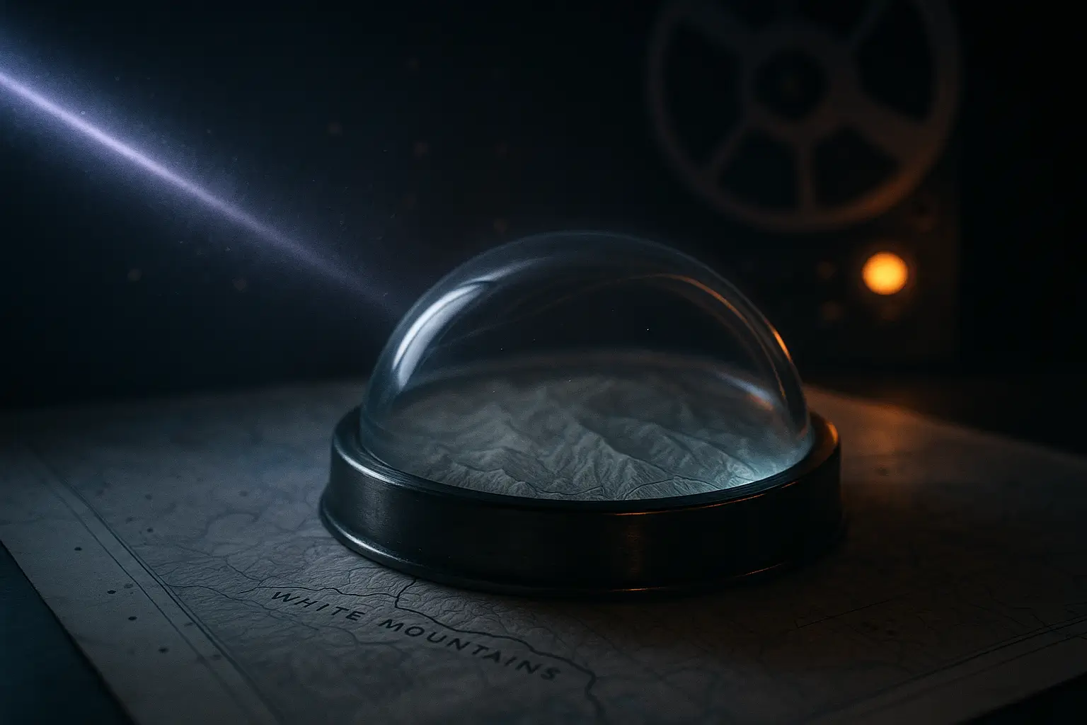 Glass dome magnifier on a White Mountains map, violet beam left, amber reel light in back, tied to alien abduction stories.