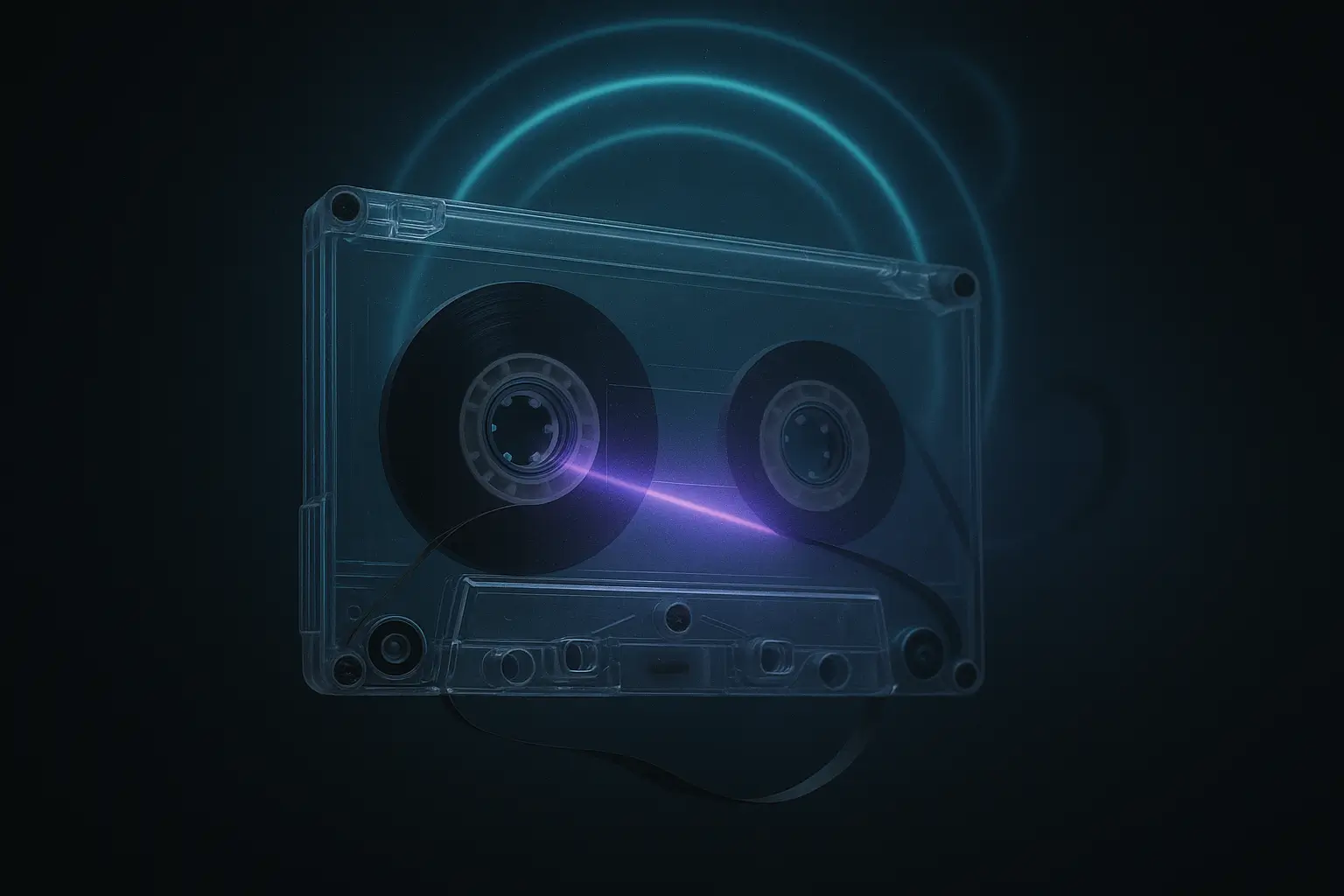 Transparent cassette in darkness as a violet beam scans the magnetic ribbon, cyan rings behind, linked to alien encounters