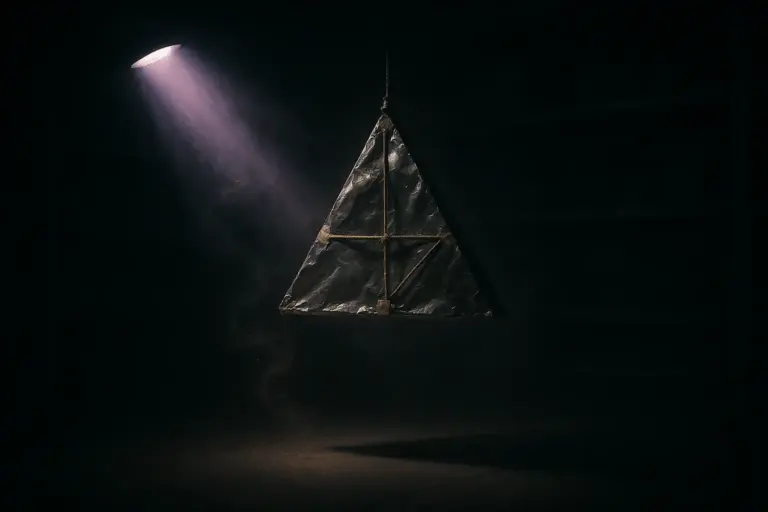 Foil-lattice triangle hanging by a cord under a violet beam in a dark vault; dust drifting — alien technology