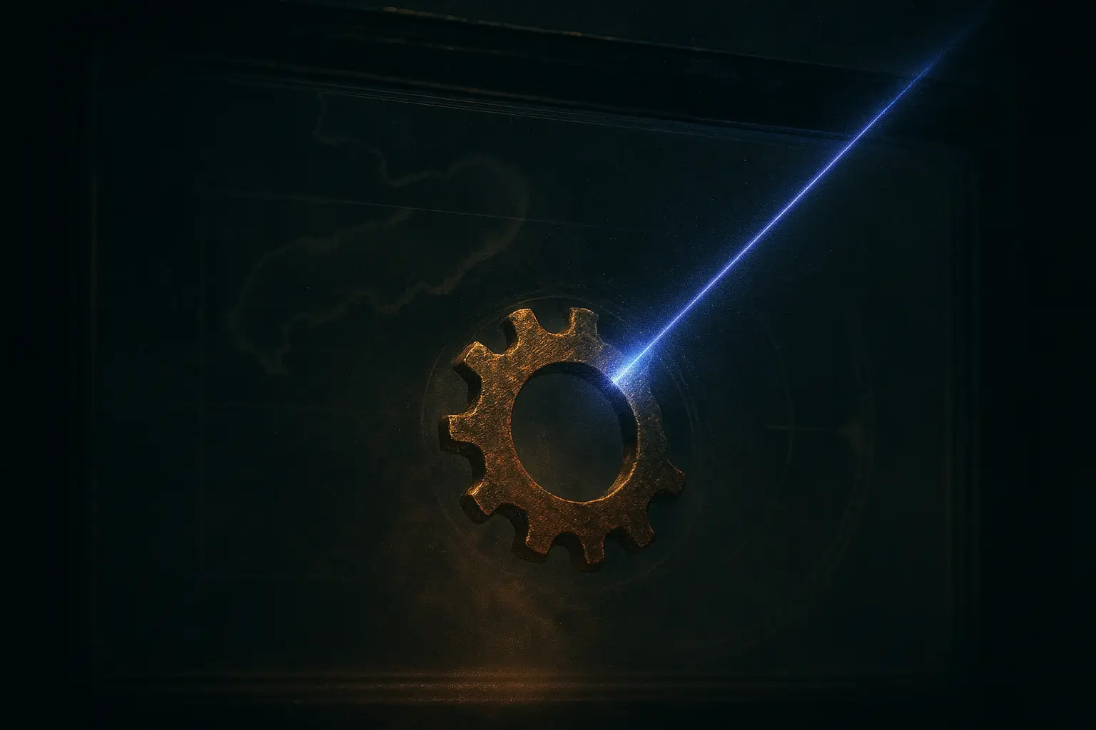 Bronze gear under glass as a violet beam hits its edge, dust in light, dark archive backdrop — alternate history evidence.