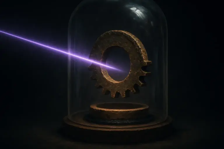 A violet beam hits a glass bell jar holding a corroded bronze gear above a clay base, an ancient advanced technology artifact.
