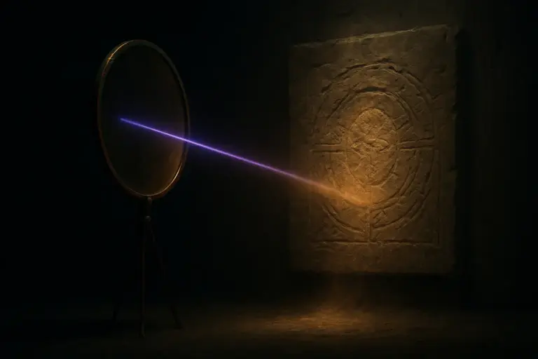 Copper mirror on tripod reflects a violet beam onto a carved limestone panel, illustrating ancient egypt electricity.
