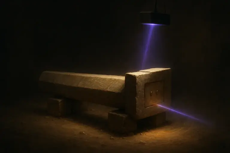 Limestone shaft on blocks; sealed face with two copper pins; violet beam from suspended sensor — ancient egyptian secrets