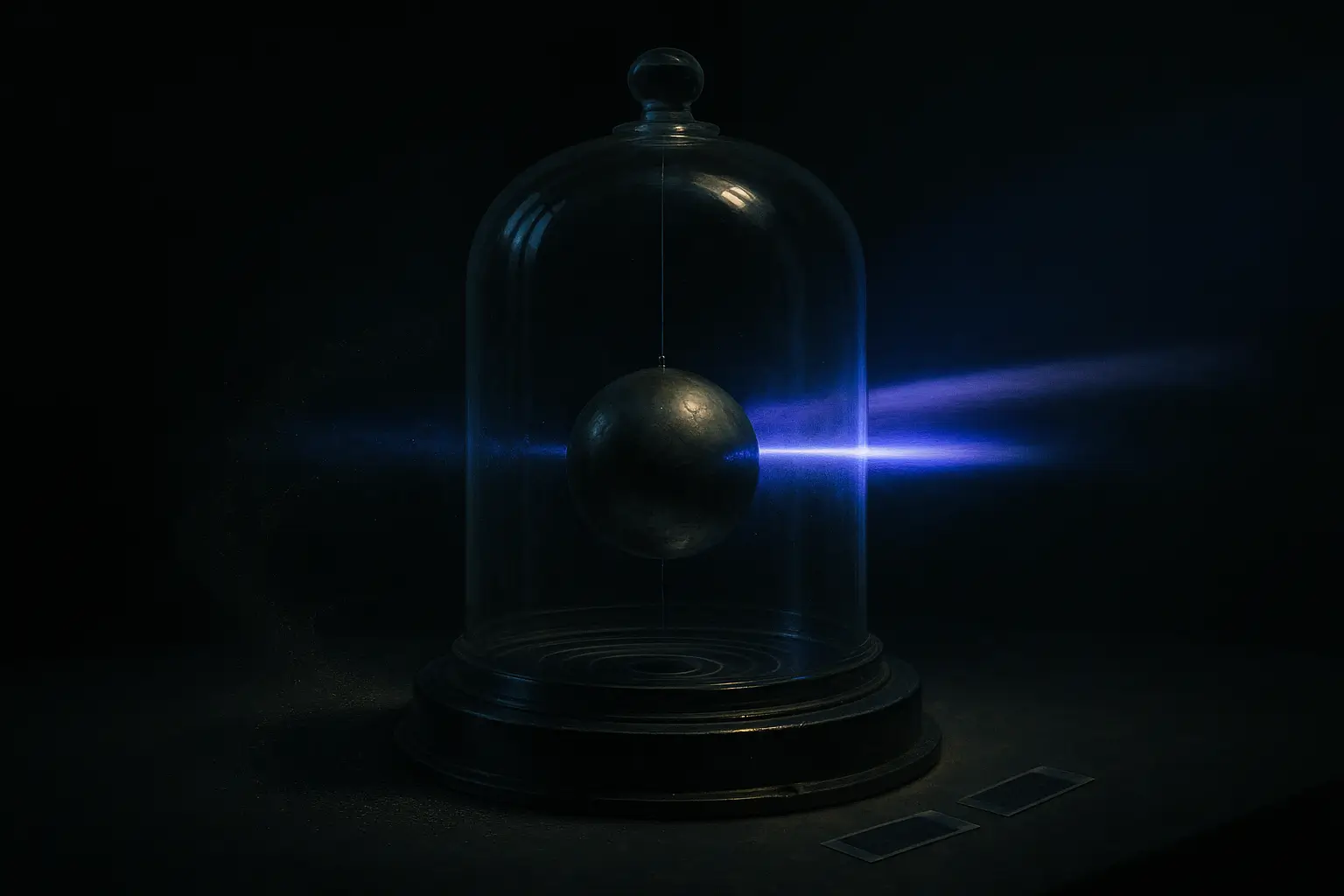 Steel sphere hangs in a glass bell jar as a violet scanline passes; antigravity test rig under archival light