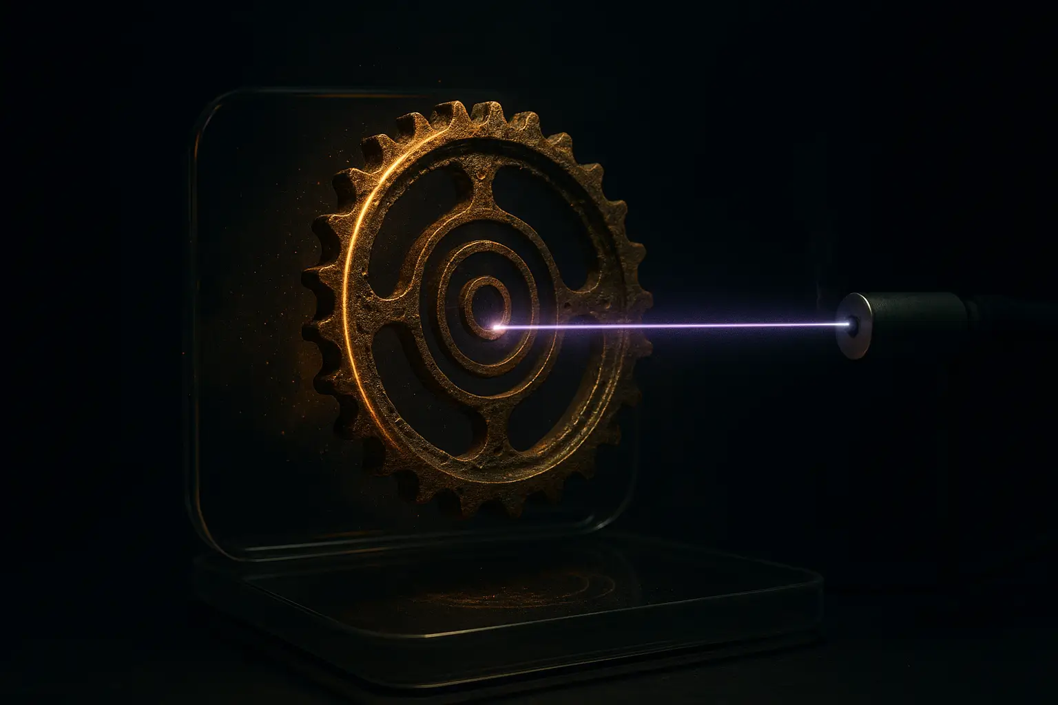 Bronze gear in a glass cradle scanned by a violet beam in a dark lab, related to antikythera mechanism purpose research.