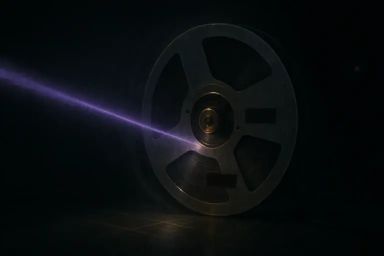 Area 51 Secrets: Declassifying the Real History of the Military Base 3 Violet beam crossing a magnetic tape reel in a dark archive, area 51 secrets