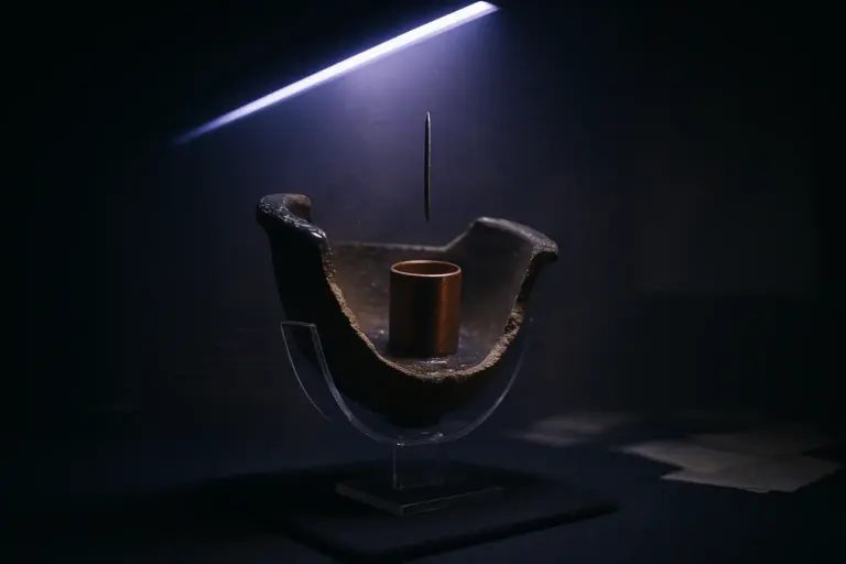 Clay vessel fragment with copper cylinder and hovering iron pin under violet light, baghdad battery purpose exhibit.