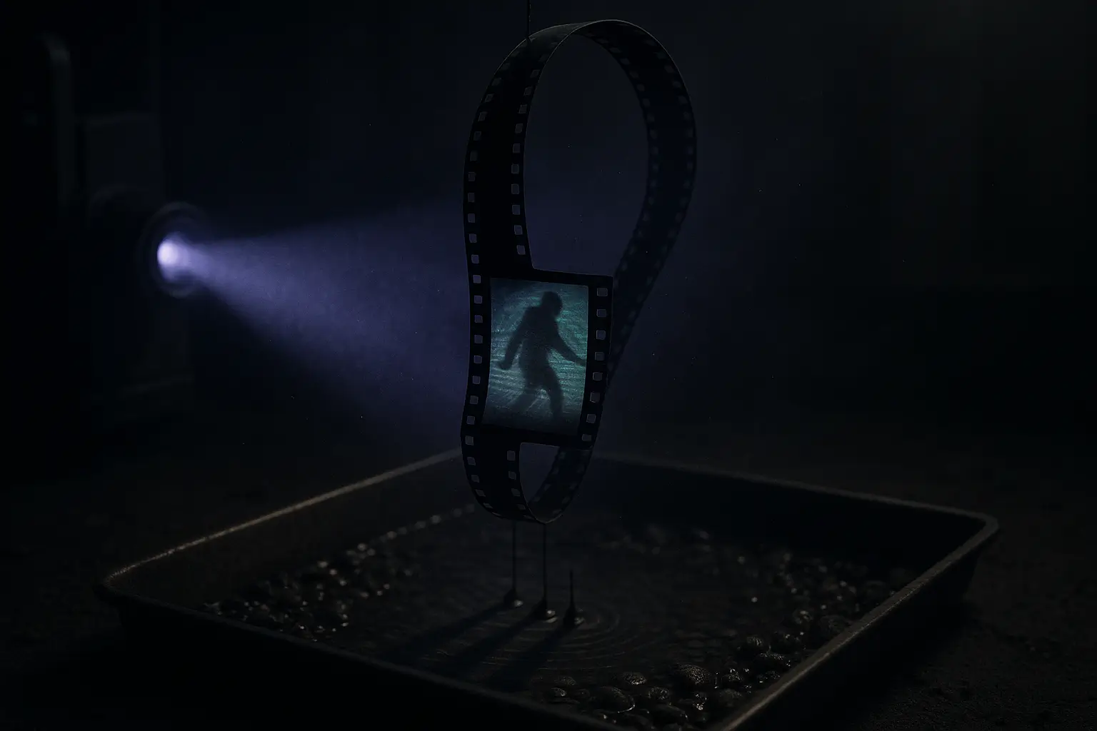 Violet projector beam hits a suspended 16mm film loop over wet gravel; the frame associated with bigfoot sightings.