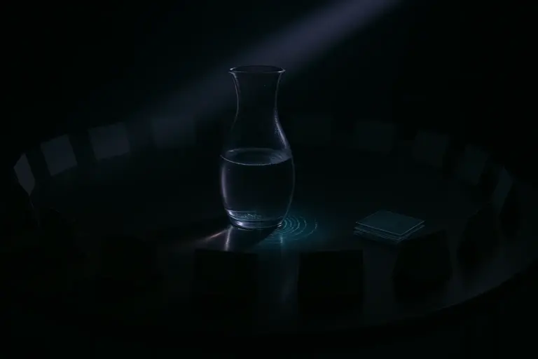 Glass carafe on a dark circular table under a narrow beam, blank place cards and acetate stacks around, bilderberg group